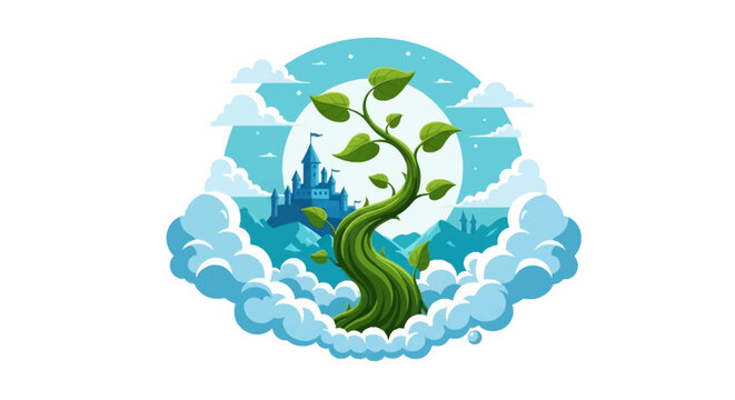 Vector graphic of a twisted green magic beanstalk rising through stylized blue and white clouds against a circular backdrop featuring a distant castle silhouette and mountain peaks.