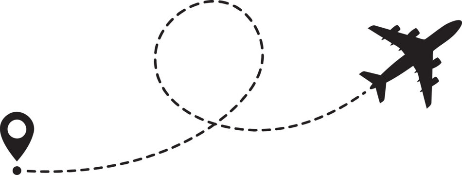 Airplane flight path icon with a dashed line trail and a location pin marker, representing travel, tourism, and aviation journey concept