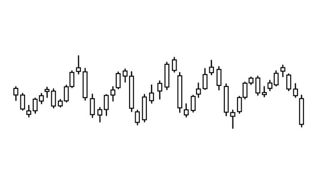 Minimalist vector illustration of a financial candlestick chart pattern with black outlines. Represents stock market analysis, price action, and trading volatility in a clean background.