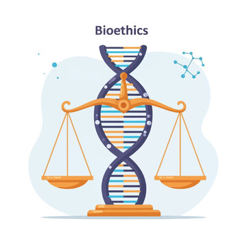 Conceptual vector illustration representing bioethics featuring a DNA double helix acting as the central pillar for a set of golden scales of justice, symbolizing medical law and science.
