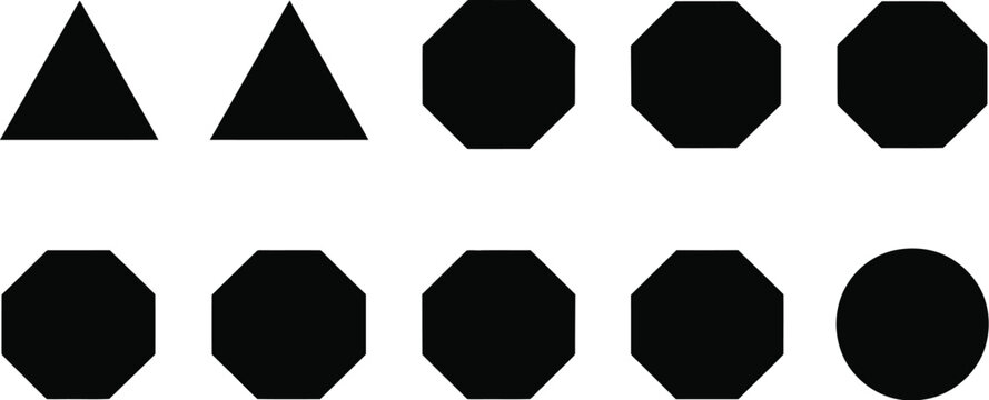 Black geometric shapes vector set featuring minimalist triangles octagons and a circle isolated on a clean white background for design