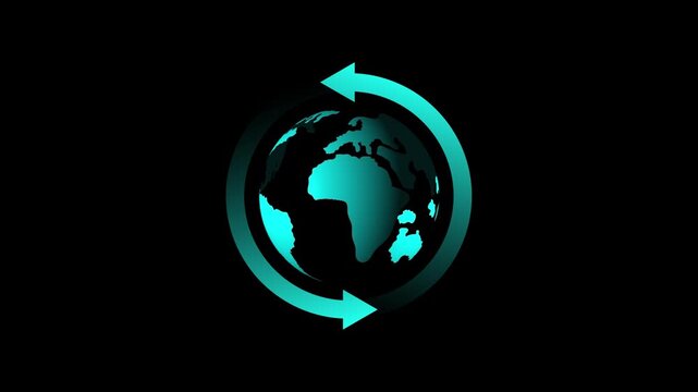 Circulating arrows showing rotating planet earth animation isolated on black background