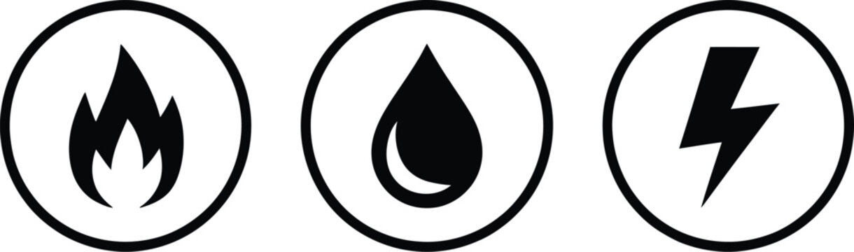 Vector icon set featuring black flat utility symbols for fire flame water drop and electricity lightning bolt inside circular frames