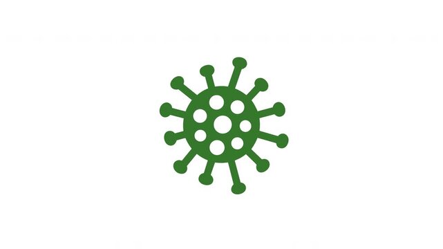 Minimalist green virus icon rotating on white background representing microscopic pathogen research and medical health safety concepts.