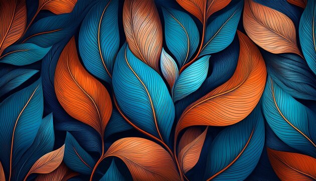 Fundo Folhas Estampa Padrao Folhagem Padrao Azul Laranja Ornamento Textura Jardim Botanico Tropical Inverno Outono Floral Florescer Fundo Lettering Natureza Floresta Mistico Magia