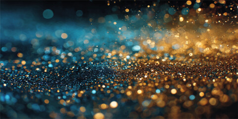 Shiny water drops on glass over a glowing blue holiday background with golden Christmas bokeh light sparkle and magic star particles © MDNUR