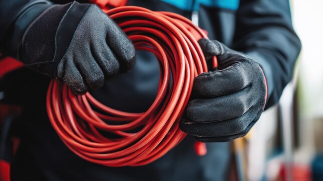 A person wearing black gloves holds a coiled red electrical cable. The background is blurred, focusing on the hands and cable.