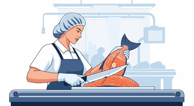 Worker processes fresh salmon on a cutting board in a sterile facility
