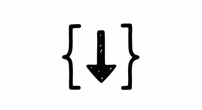 Black hand-drawn curly brackets enclosing a down arrow symbol