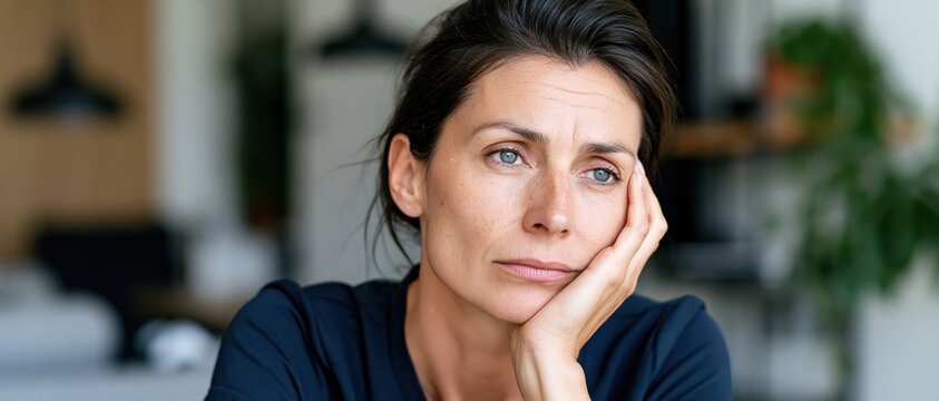 A thoughtful woman gazes off into the distance, lost in contemplation, portraying the depths of human emotion and introspection in a serene setting.