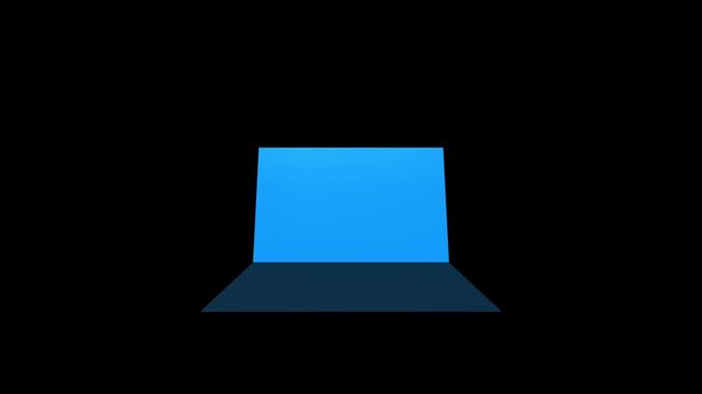 Animated flat laptop opening with bright light sheen glare. Clean notebook blue screen glowing on black, motion graphics