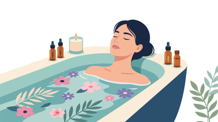Obraz premium Flat vector illustration of a young woman with closed eyes relaxing in a bathtub filled with turquoise water, pink flowers, and green leaves, surrounded by essential oil bottles and a lit candle.