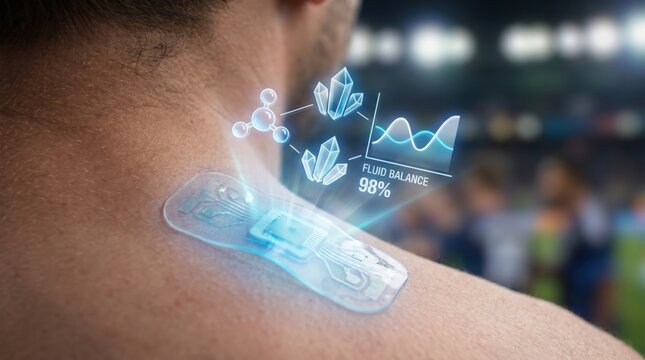 Biometric Health and Athlete Wellness Concept: Transparent Bio-Sensor Patch with Holographic Hydration and Nutrient Interface
