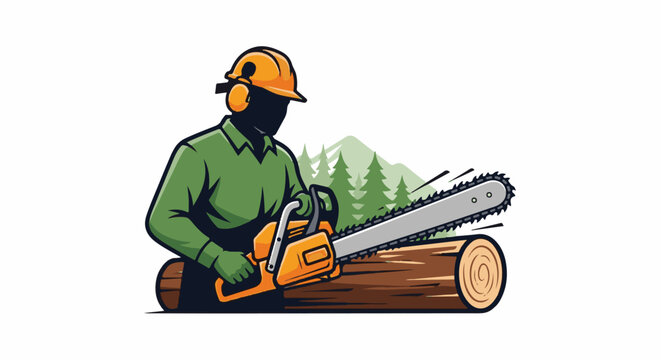 Stylized logger with chainsaw cuts log in forest