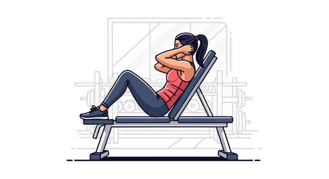 Athletic woman performing sit-ups on inclined bench at gym, surrounded by weight equipment