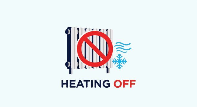 Radiator with a red prohibition sign, snowflake, and wavy lines, text "HEATING OFF