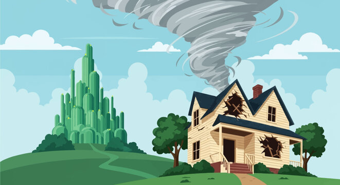 Vector illustration of a damaged two-story wooden house being struck by a large tornado funnel cloud, with a fantasy emerald city on a distant hill under a blue sky with clouds.