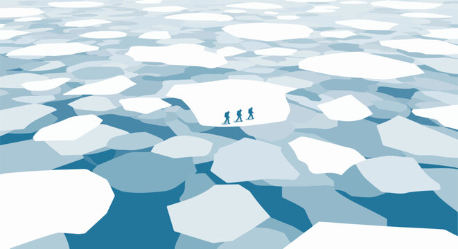 Three silhouetted figures traverse a vast, broken expanse of ice floes under a clear sky