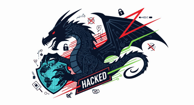 Digital dragon protecting a globe shield with binary code, cyber attack symbols