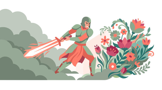 Flat vector illustration featuring a medieval warrior in green and orange armor brandishing a glowing sword, emerging from dark smoke towards a bouquet of colorful flowers and leaves.