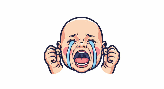 A distressed baby cries loudly, tears streaming down its face, hands raised