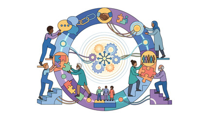 Fototapeta premium Corporate Memphis illustration of a diverse team collaborating around a large circular system featuring gears, puzzle pieces, handshakes, and communication bubbles on white.