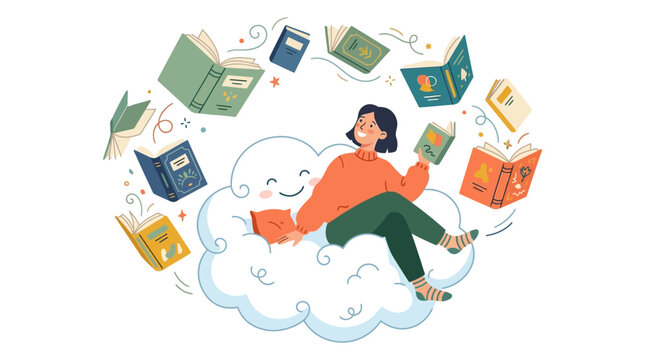 Flat vector illustration of a young woman in an orange sweater sitting on a smiling fluffy cloud, surrounded by multiple flying open books and magical swirls on a white background.