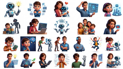 Fototapeta premium AI Emotional Reaction Avatar Pack Futuristic Human Emotion 3D Characters Set with Optimism Anxiety Trust Doubt Wonder Fear and Happiness