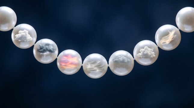 A pearl necklace floating in mid-air, each pearl containing a different cloud formation