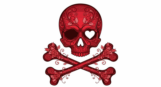 Red skull with heart eye and ornate rose-adorned crossbones