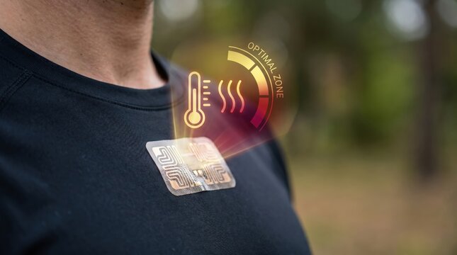Athletic Health Metrics Concept: Close-Up of Biometric Patch on Runner with Holographic Temperature and Optimal Zone Indicators