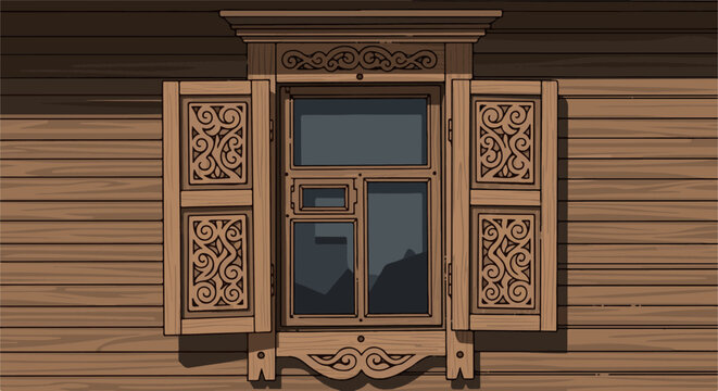 Intricate wooden window frame with carved shutters on a rustic log cabin wall