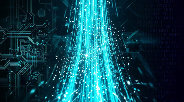 Glowing blue energy streams emanating from circuit board, with binary code overlay, symbolizing digital transformation, data flow, and technological advancement