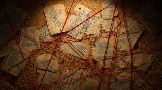 board style layout, featuring a corkboard with various aged and weathered papers pinned to it. The papers, some appearing to be old maps or documents, are connected by red string,