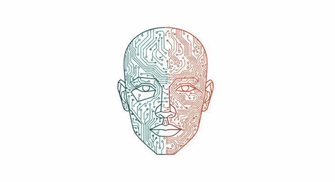 A stylized human face with intricate circuit board patterns, split in green and red tones