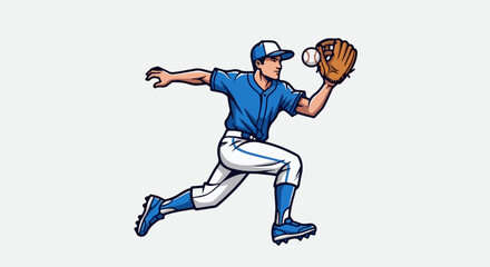 Naklejka premium Cartoon baseball player in mid-action, catching a ball with a mitt