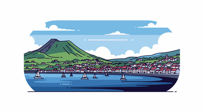 A coastal village nestles at the foot of a verdant mountain, with sailboats dotting the blue sea