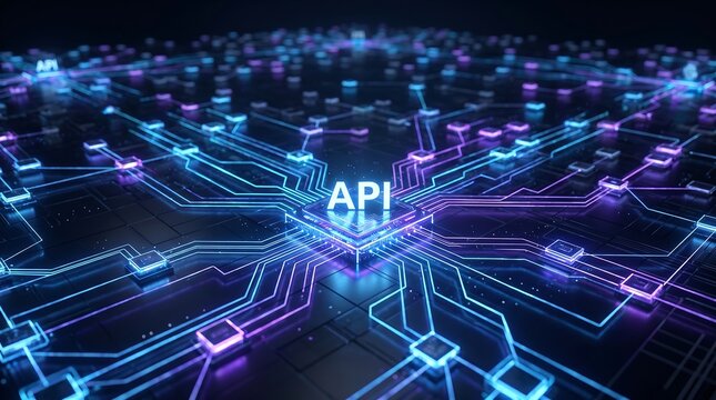 API Integration Technology Background Illustrates Digital Transformation, Advanced Software Development, Data Flow, and Futuristic Cloud Computing Network Solutions.
