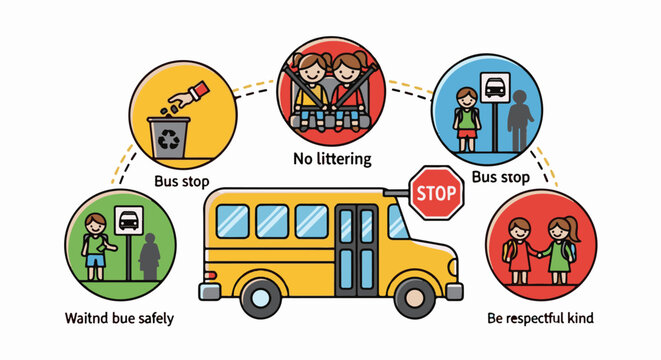 School bus safety tips for children including waiting safely, not littering, and being respectful