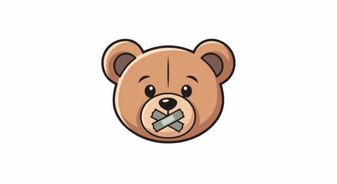 A cute cartoon teddy bear's face is taped shut, conveying a sense of silence or withheld voice
