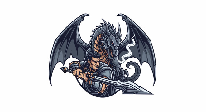 Fierce warrior in armor stands ready with a sword, a powerful dragon behind him