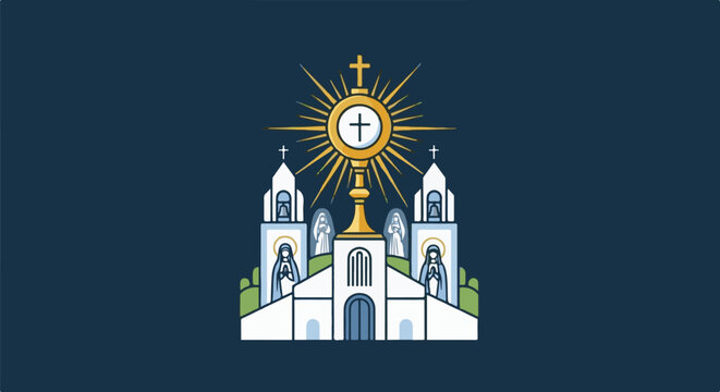 Stylized religious edifice with a radiant monstrance above, flanked by ornate towers and praying figures