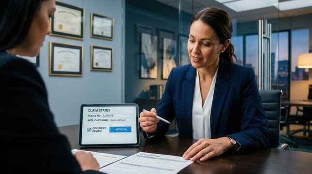 Businesswoman Explaining Claim Documents To A Client In An Office Environment