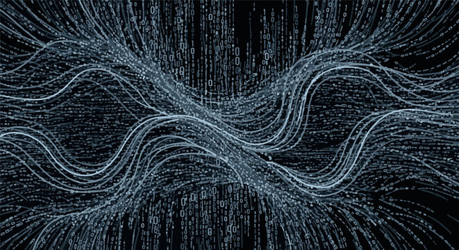 Abstract digital streams of binary code flow and interweave across a dark background