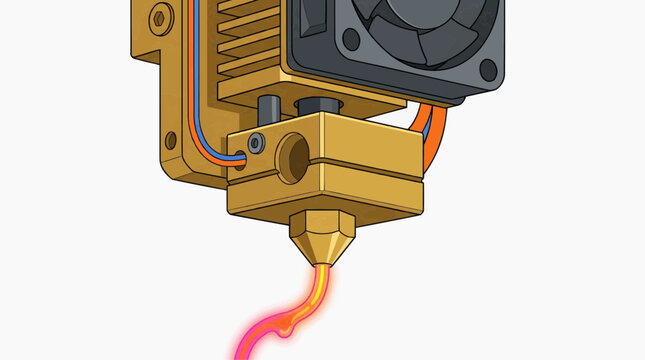 A detailed illustration of a 3D printer nozzle with glowing filament on transparent background