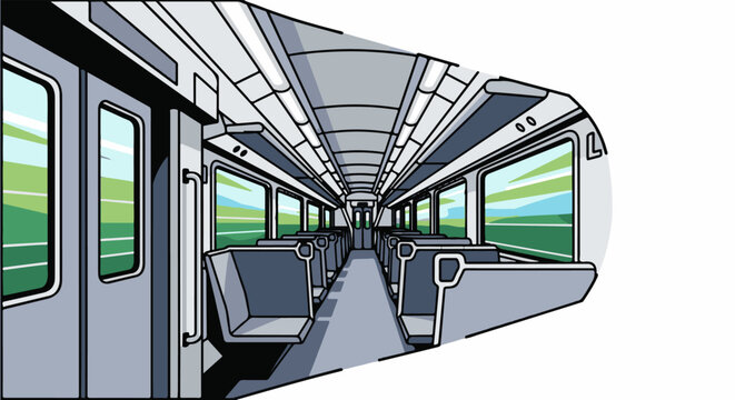 Interior view of a train carriage with empty seats and green landscape visible through windows