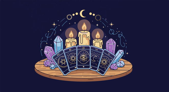 Mystical divination setup with tarot cards, lit candles, and crystals under a starry sky