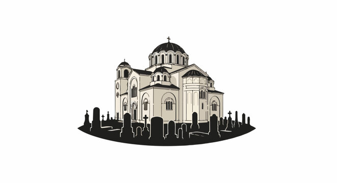 Orthodoxy cathedral with dome and steeple, surrounded by tombstones