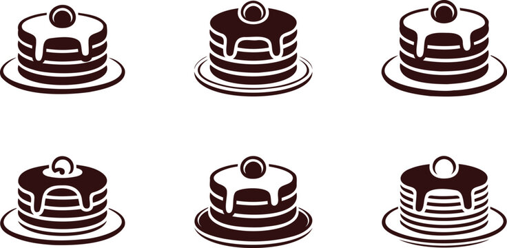 Collection of six stylized dark brown pancake icons with syrup and cherry on white background