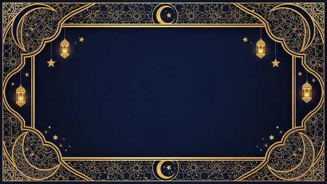 Islamic Golden Decorative Frame with Ramadan Lanterns and Crescent Moon on Dark Blue